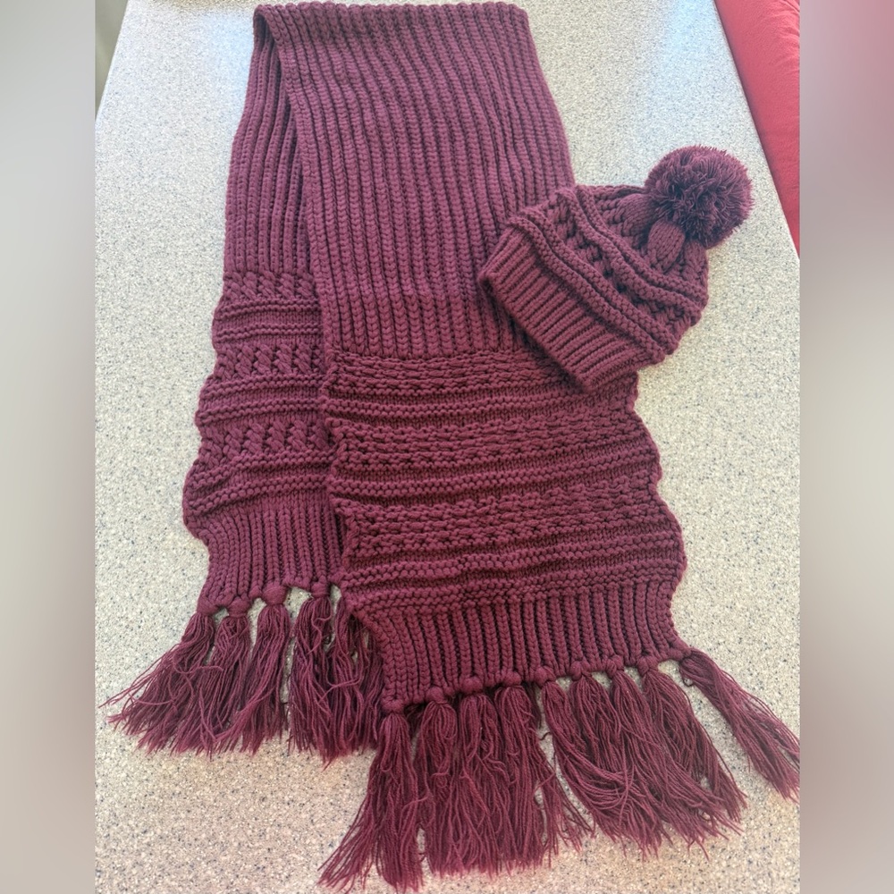 Burgundy Knit Scarf and Hat Set
